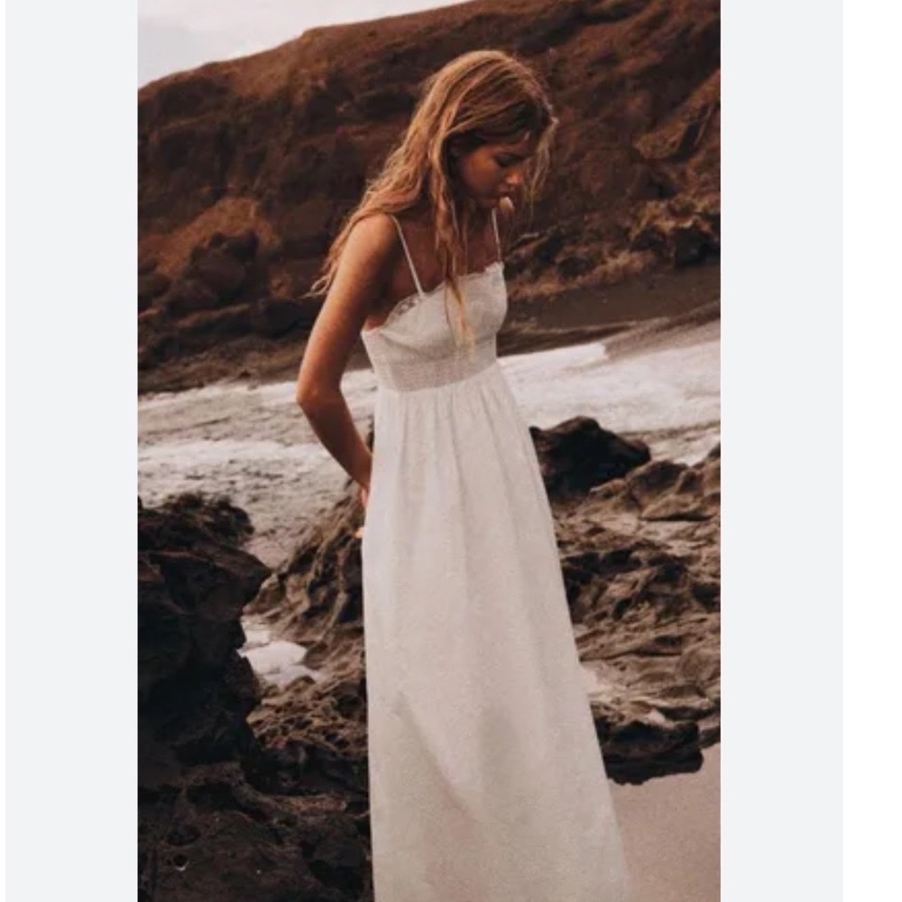 Zara White Eyelet NWT Lace Empire Waist Maxi Dress XL Boho Ethereal Romantic